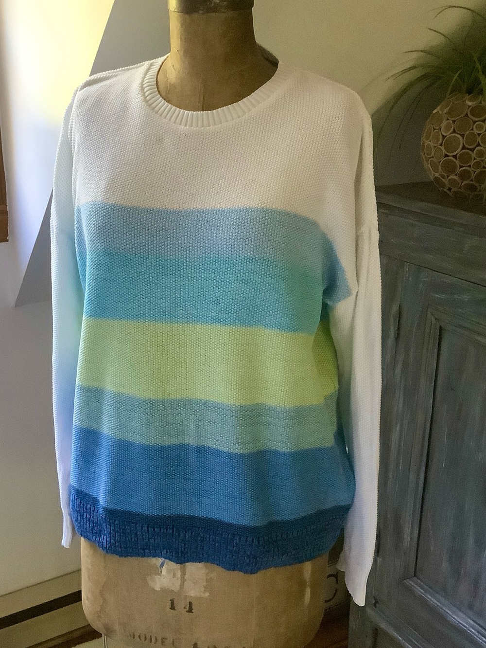 Sweater 100% coton with Blue and Lime Stripes